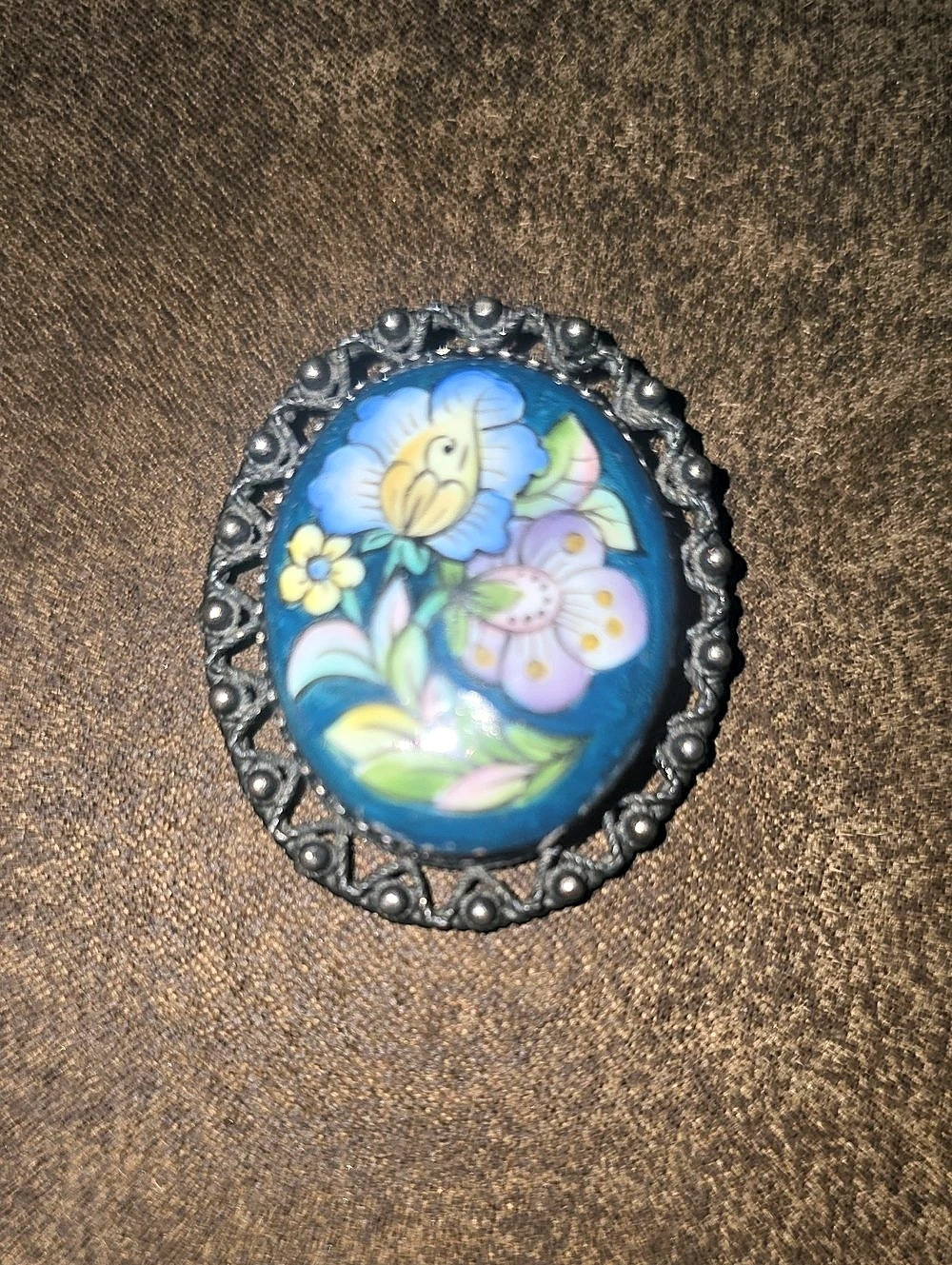 Vintage Russian Rostov Finift Hand Painted Enamel Floral Brooch Filigree USSR